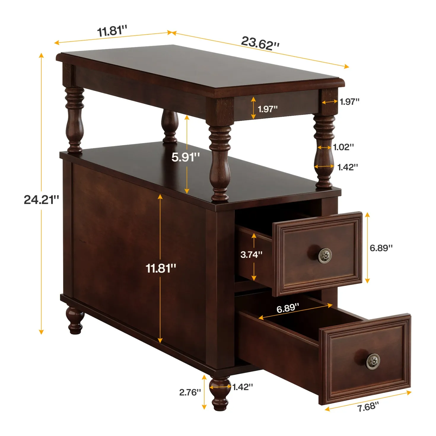 23.6" End Table, Solid Wood Accent Nightstand Bedside Table with Double Drawer
