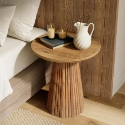 19" End Table, Solid Wood Round Pedestal Side Table with Fluted Base