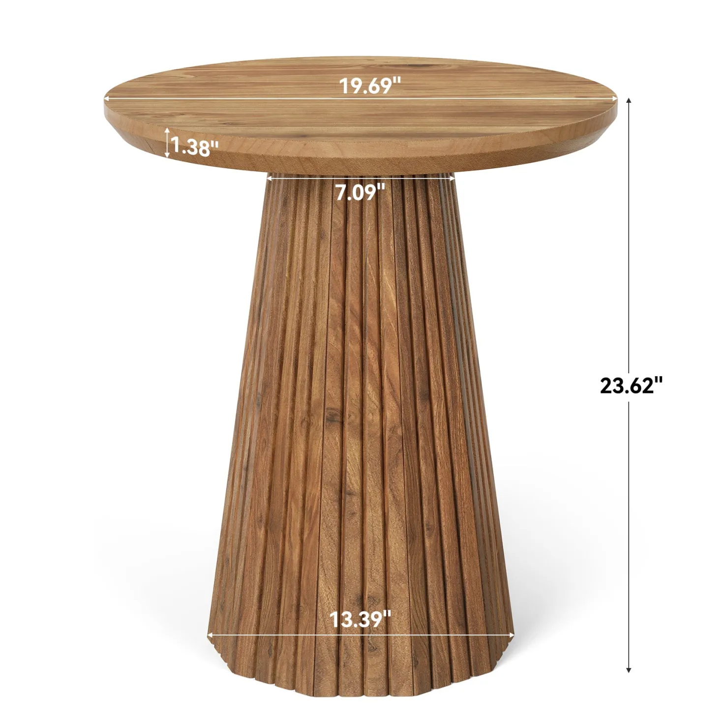 19" End Table, Solid Wood Round Pedestal Side Table with Fluted Base