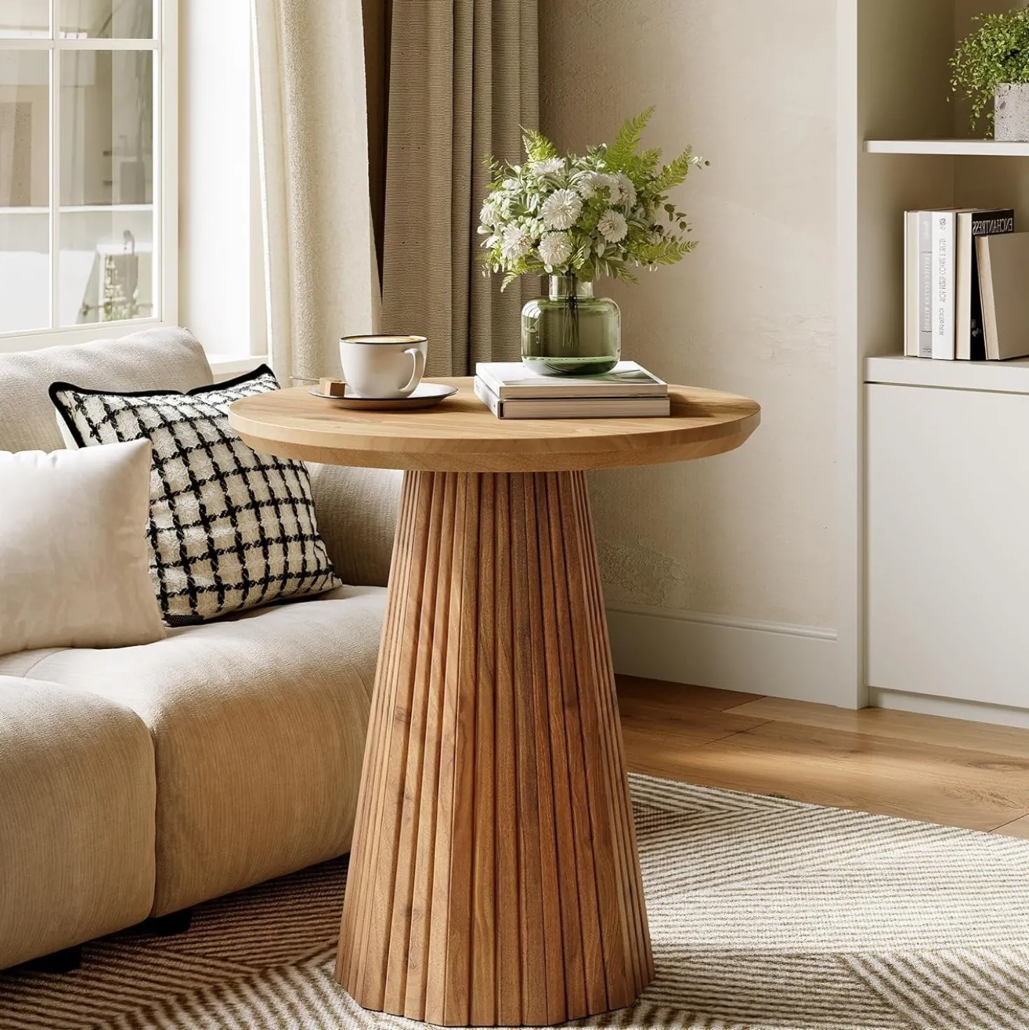 19" End Table, Solid Wood Round Pedestal Side Table with Fluted Base