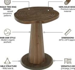 20.8" End Table, Solid Wood Round Pedestal Side Table with Tree-Ring Patterns