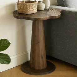 20.8" End Table, Solid Wood Round Pedestal Side Table with Tree-Ring Patterns