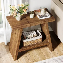 23.6" End Table, Solid Wood Small Side Table with 2-Tier Storage