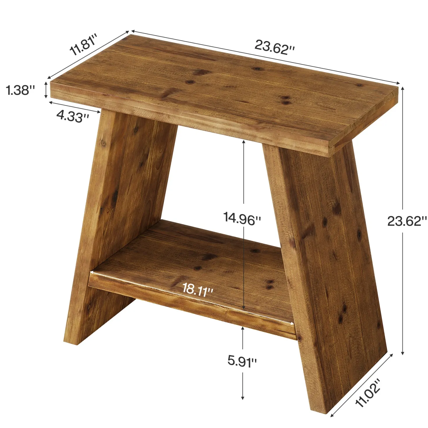 23.6" End Table, Solid Wood Small Side Table with 2-Tier Storage