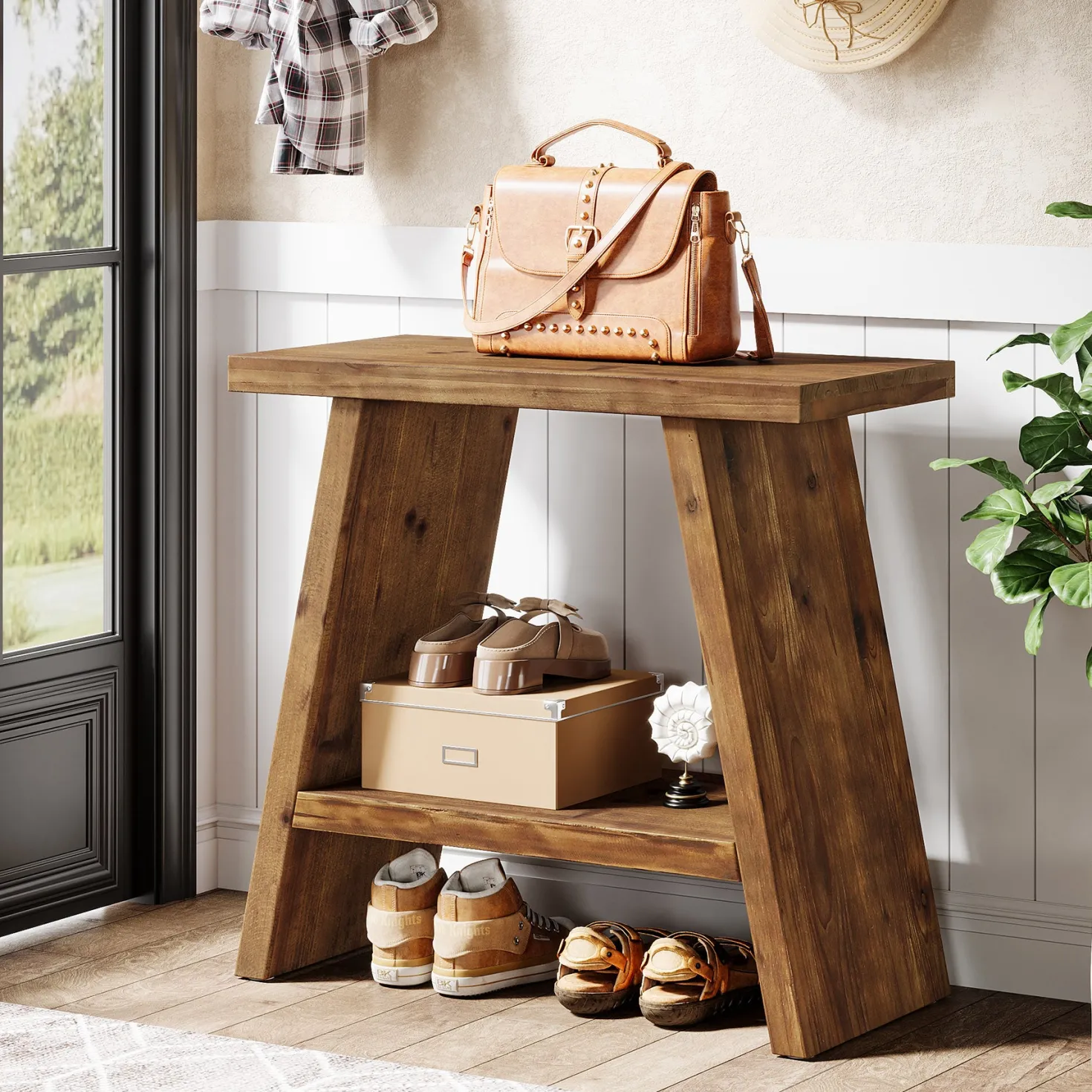 23.6" End Table, Solid Wood Small Side Table with 2-Tier Storage