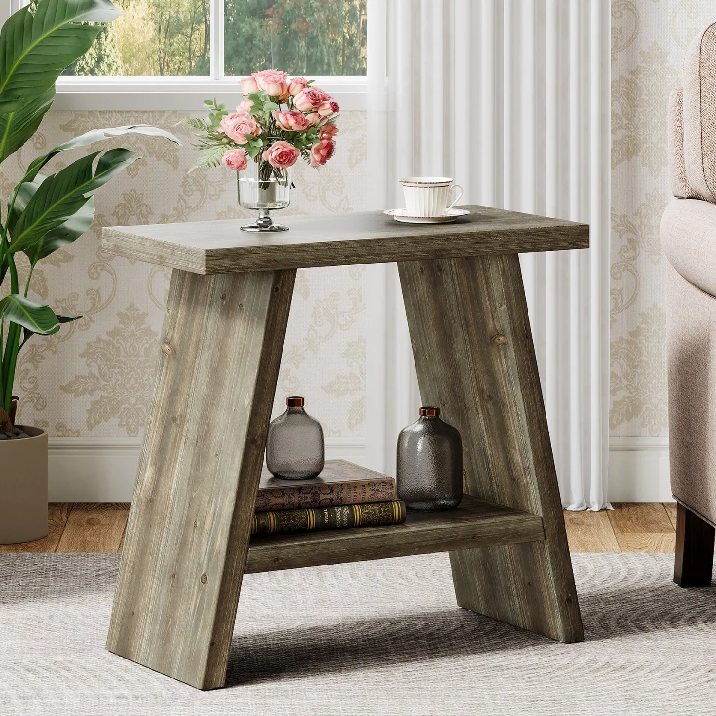 23.6" End Table, Solid Wood Small Side Table with 2-Tier Storage