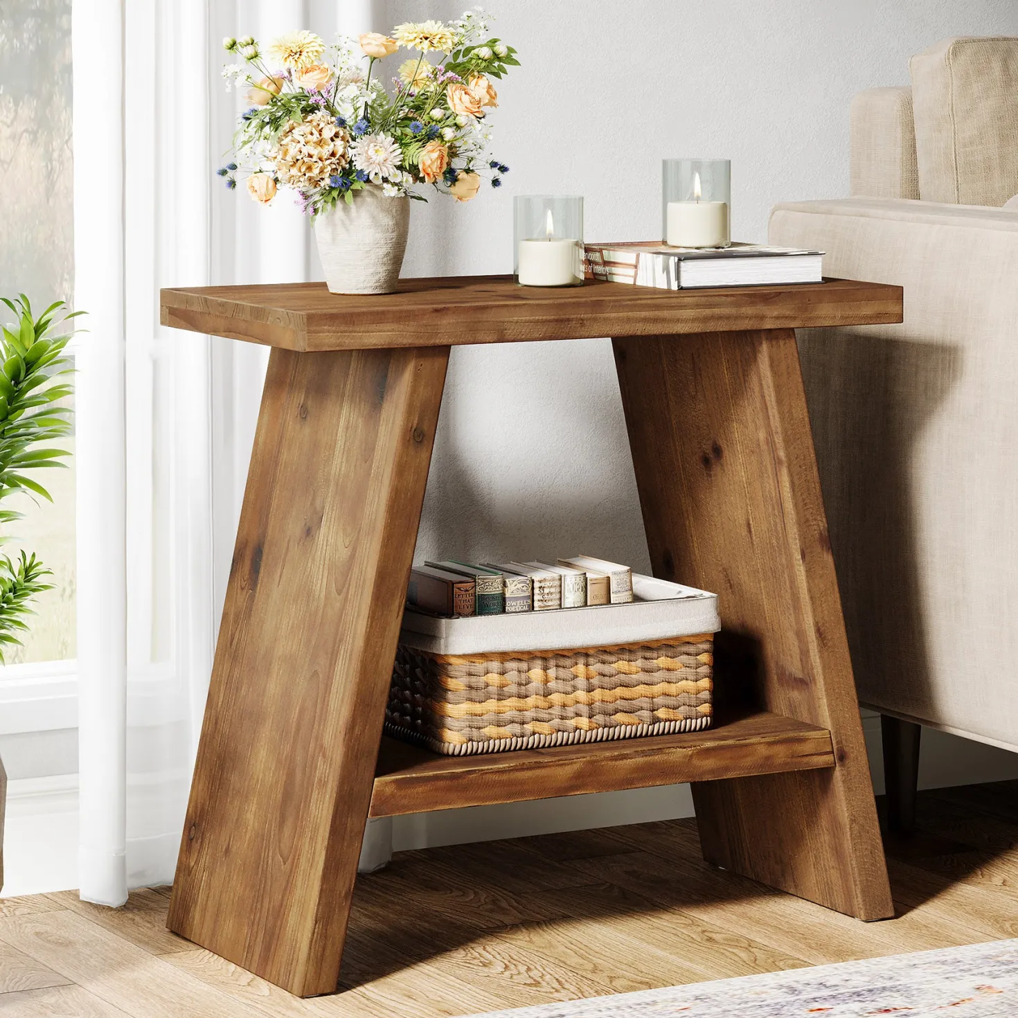 23.6" End Table, Solid Wood Small Side Table with 2-Tier Storage