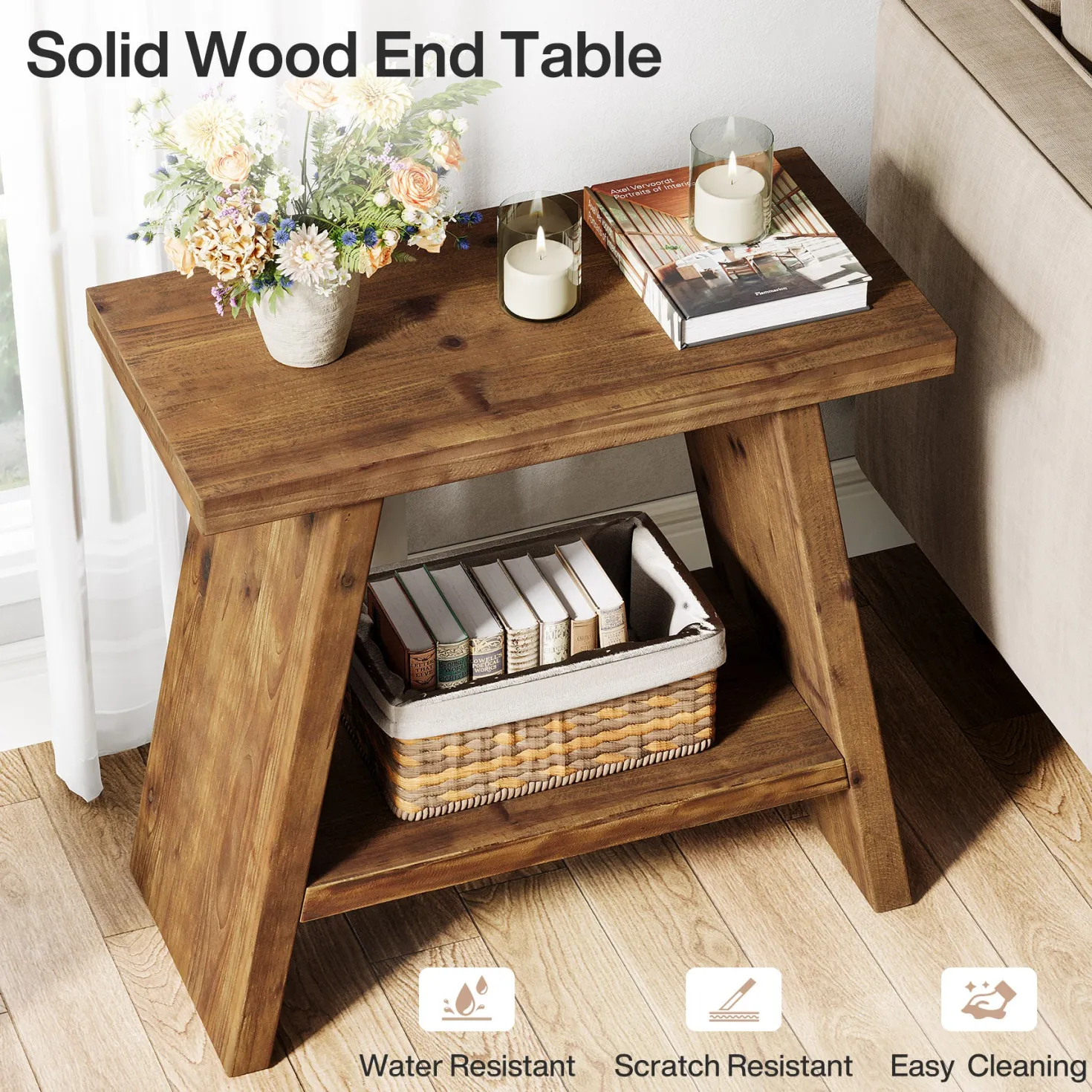 23.6" End Table, Solid Wood Small Side Table with 2-Tier Storage