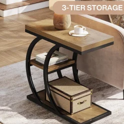 23.6" End Table, 3-Tier Couch C-Shaped Side Table with Storage