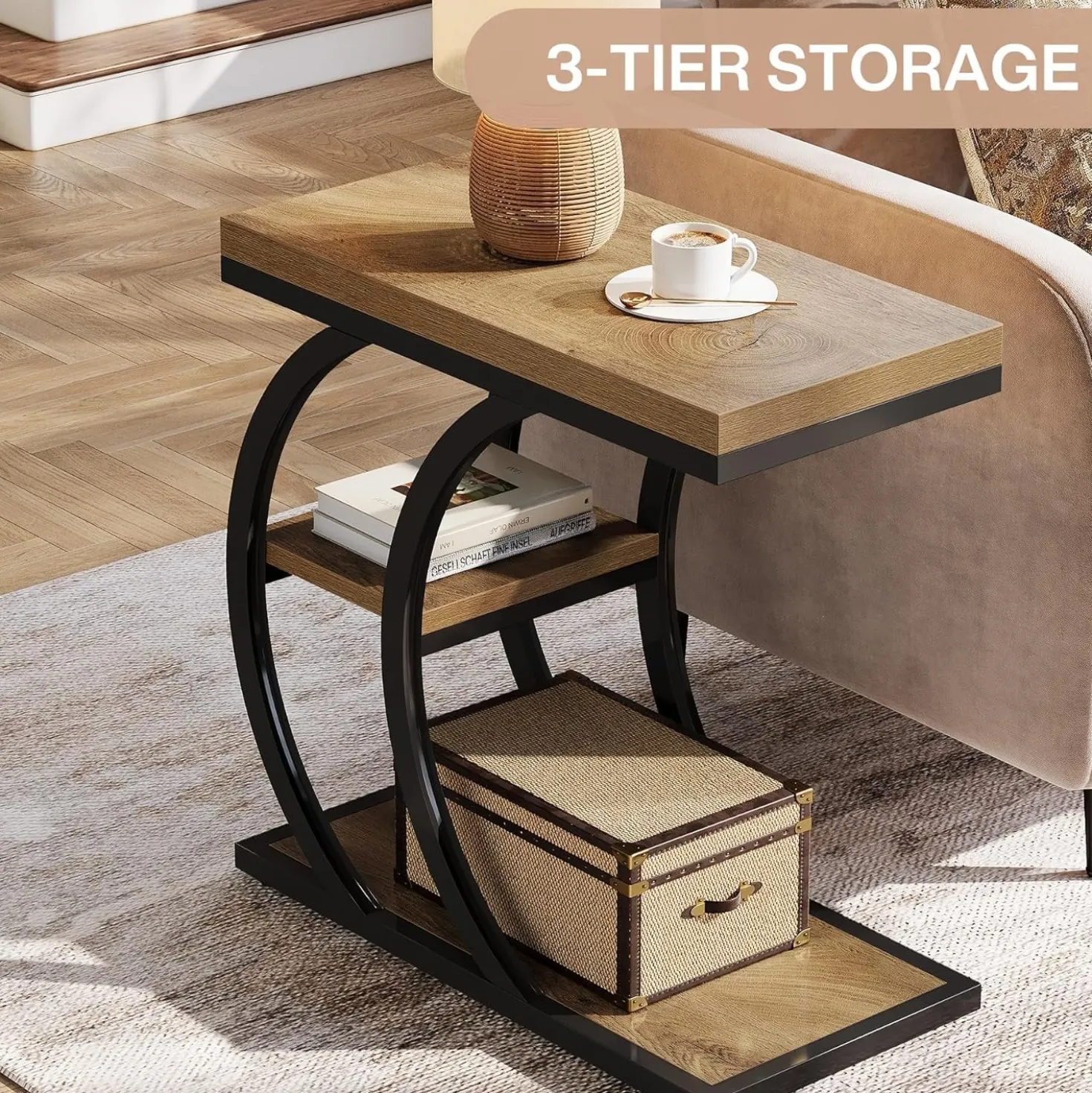 23.6" End Table, 3-Tier Couch C-Shaped Side Table with Storage