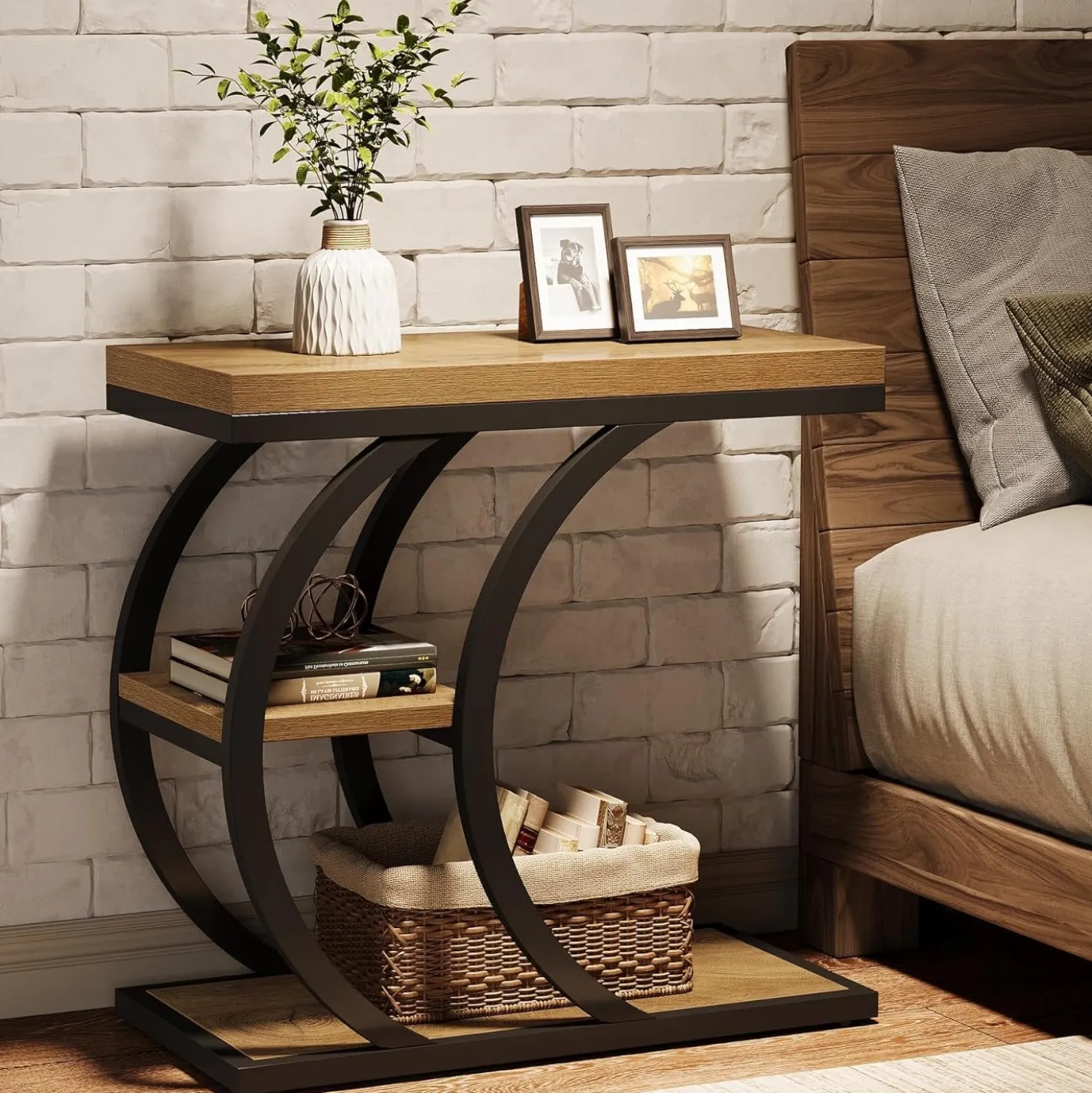 23.6" End Table, 3-Tier Couch C-Shaped Side Table with Storage