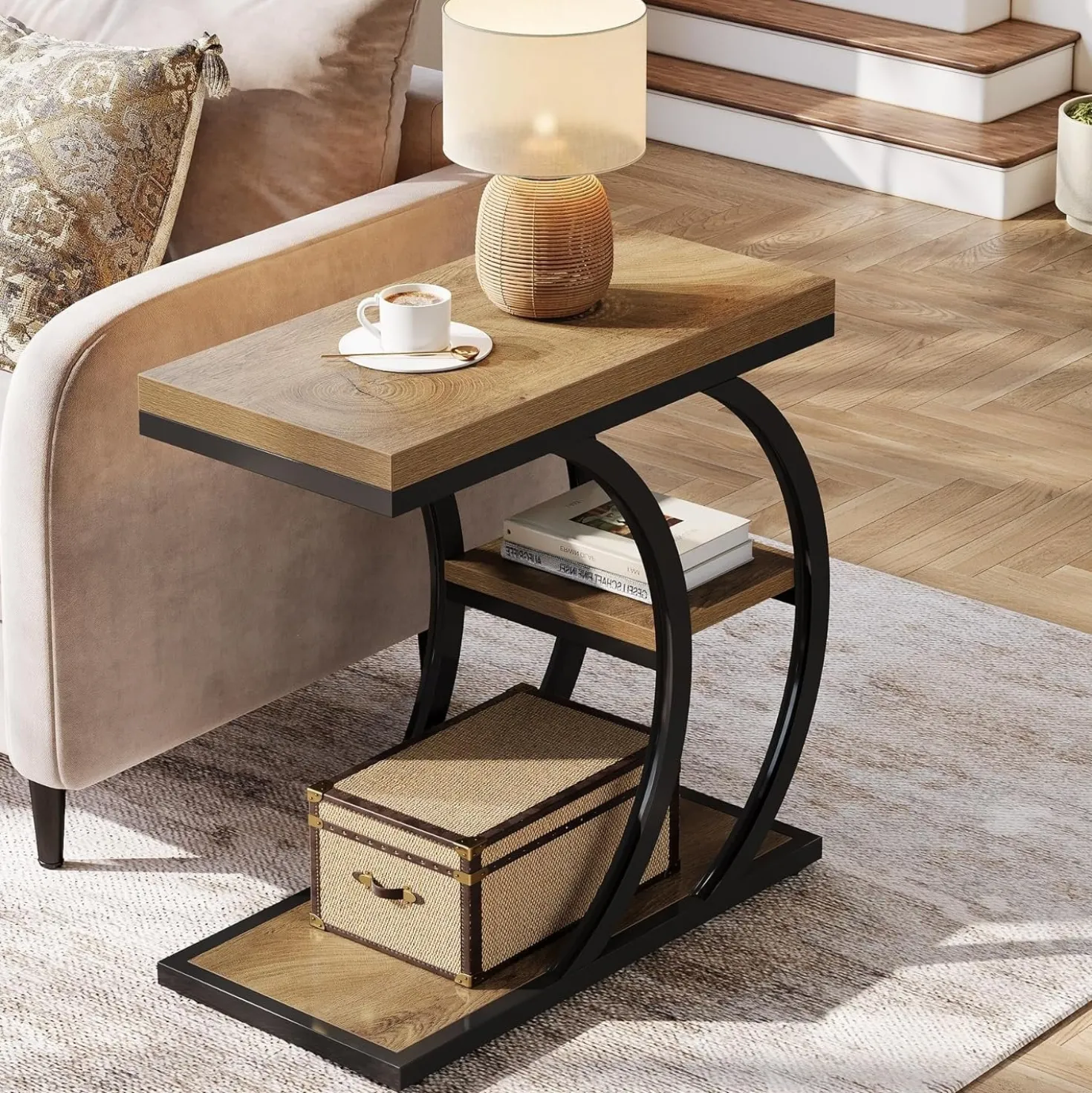 23.6" End Table, 3-Tier Couch C-Shaped Side Table with Storage