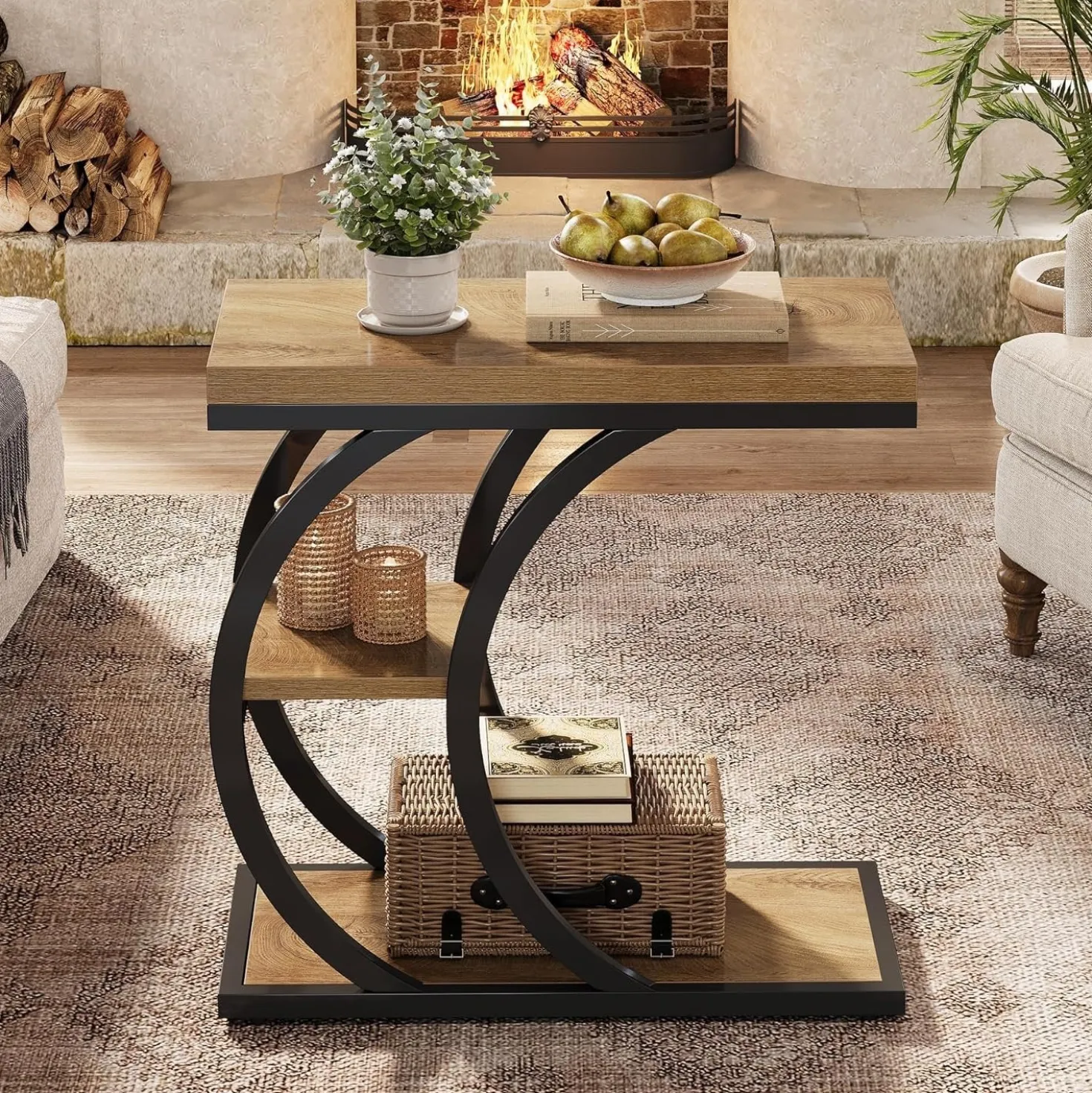 23.6" End Table, 3-Tier Couch C-Shaped Side Table with Storage
