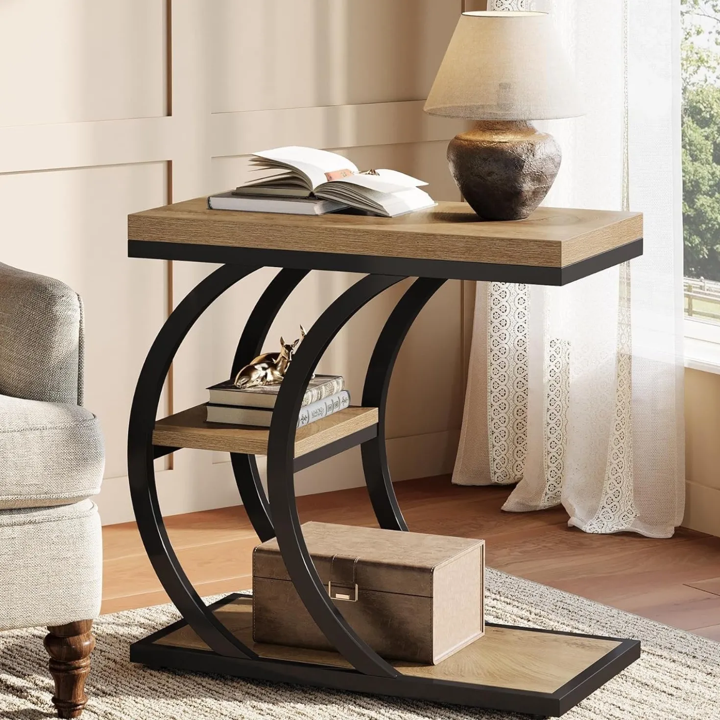 23.6" End Table, 3-Tier Couch C-Shaped Side Table with Storage