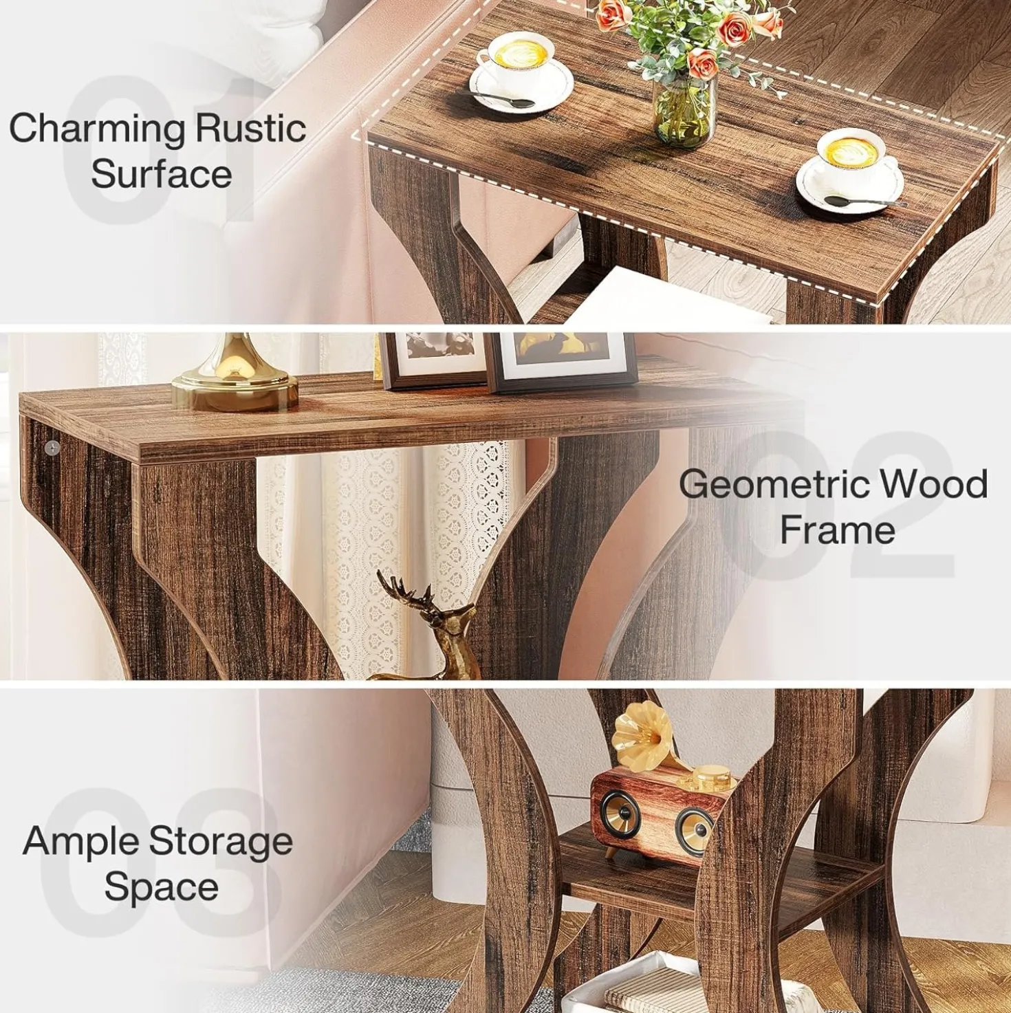 24" End Table, 3-Tier Farmhouse Side Table with Storage Shelves