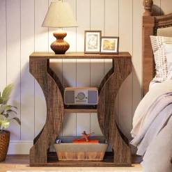 24" End Table, 3-Tier Farmhouse Side Table with Storage Shelves