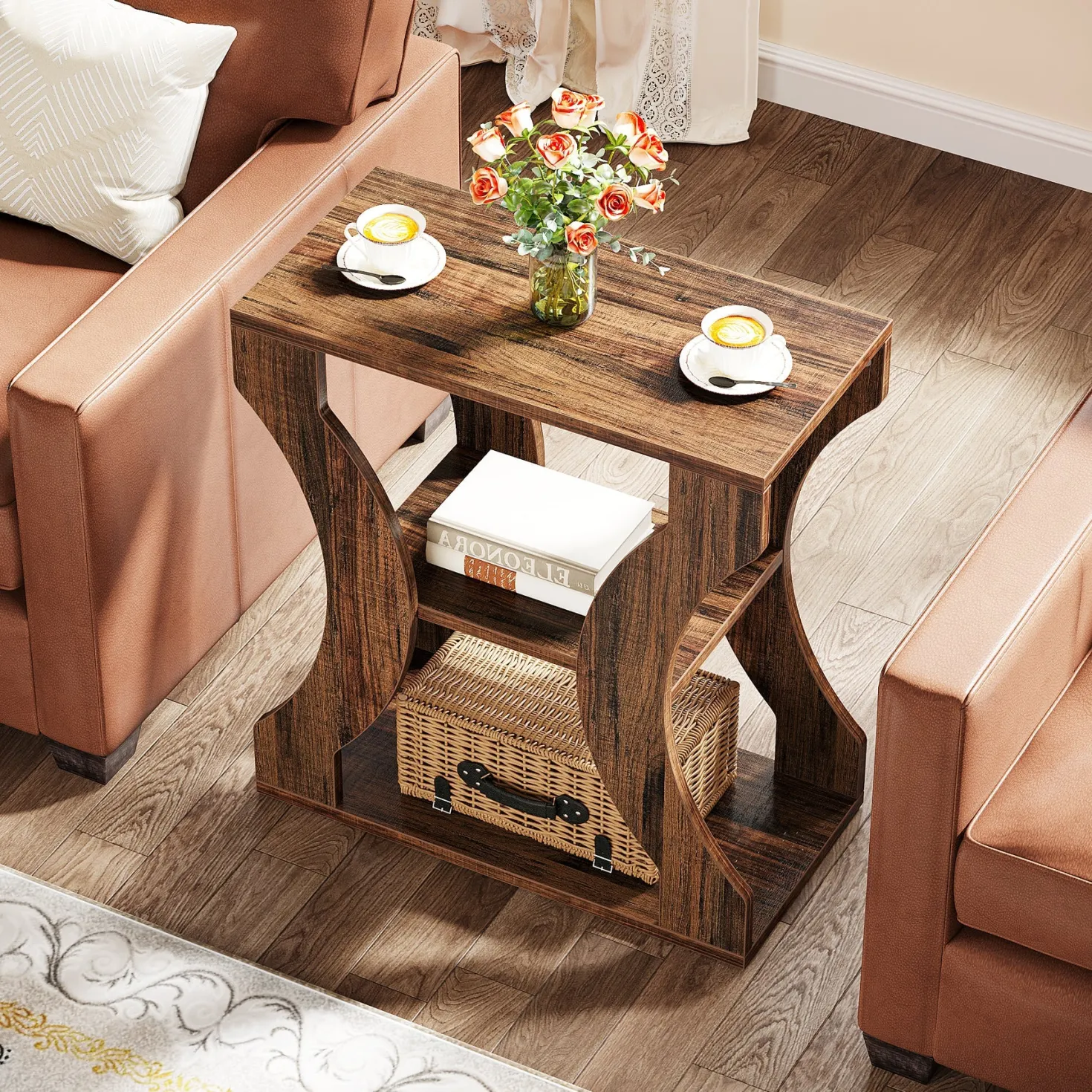 24" End Table, 3-Tier Farmhouse Side Table with Storage Shelves