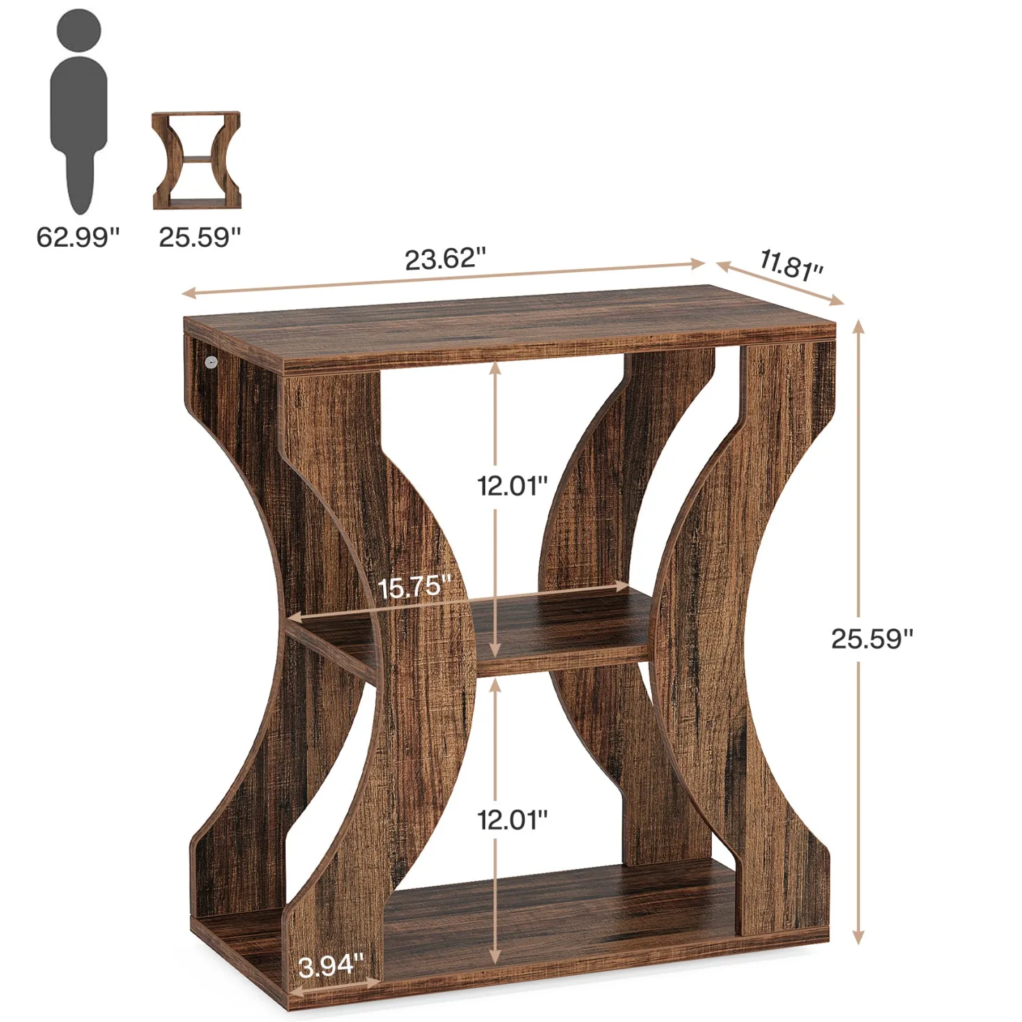 24" End Table, 3-Tier Farmhouse Side Table with Storage Shelves