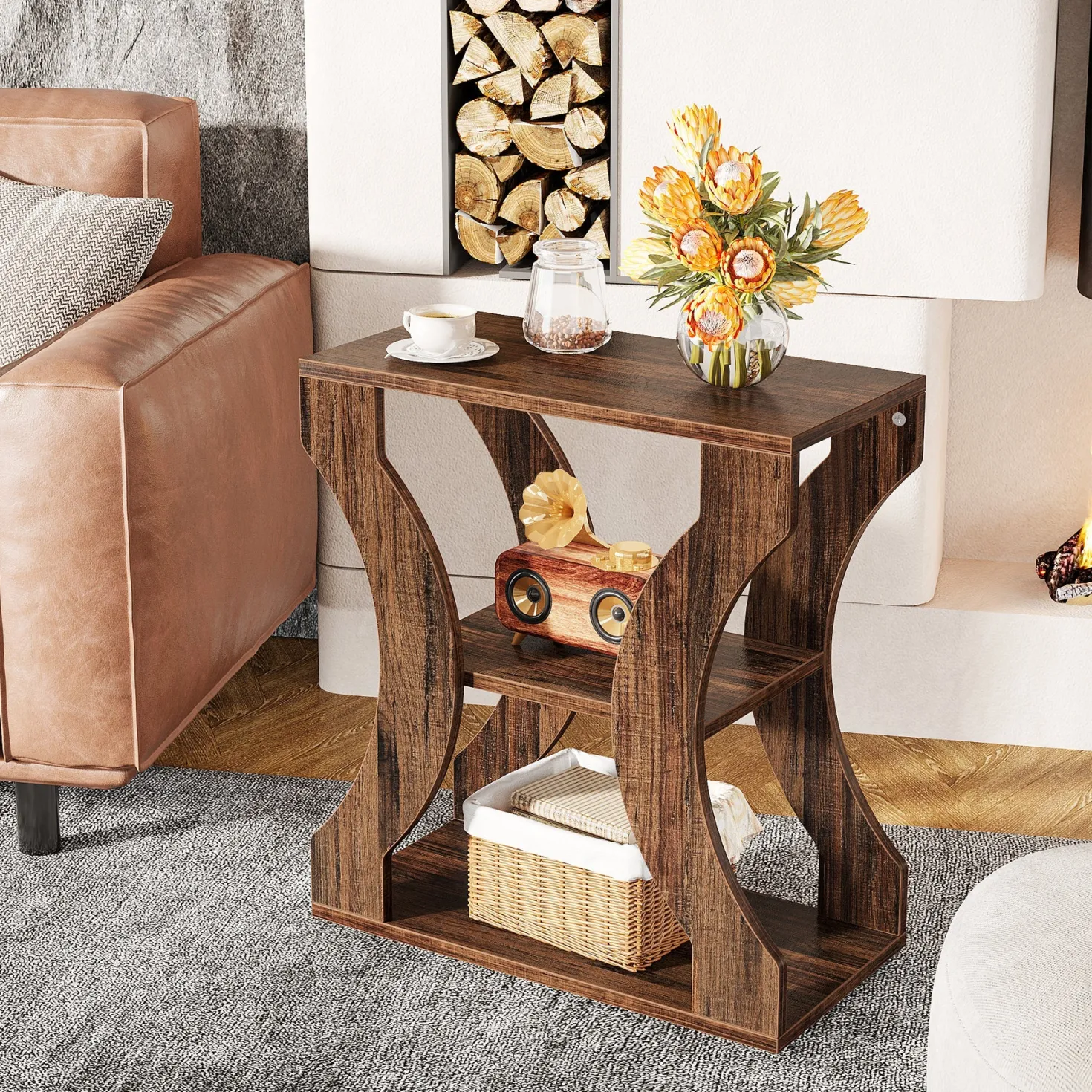 24" End Table, 3-Tier Farmhouse Side Table with Storage Shelves