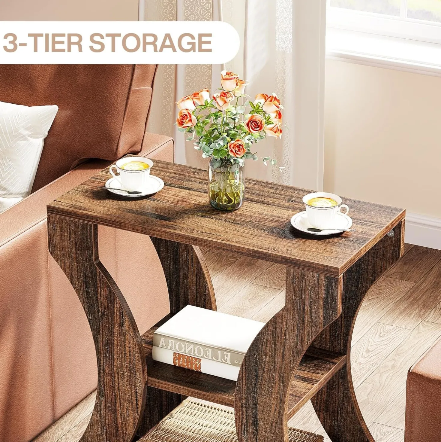 24" End Table, 3-Tier Farmhouse Side Table with Storage Shelves