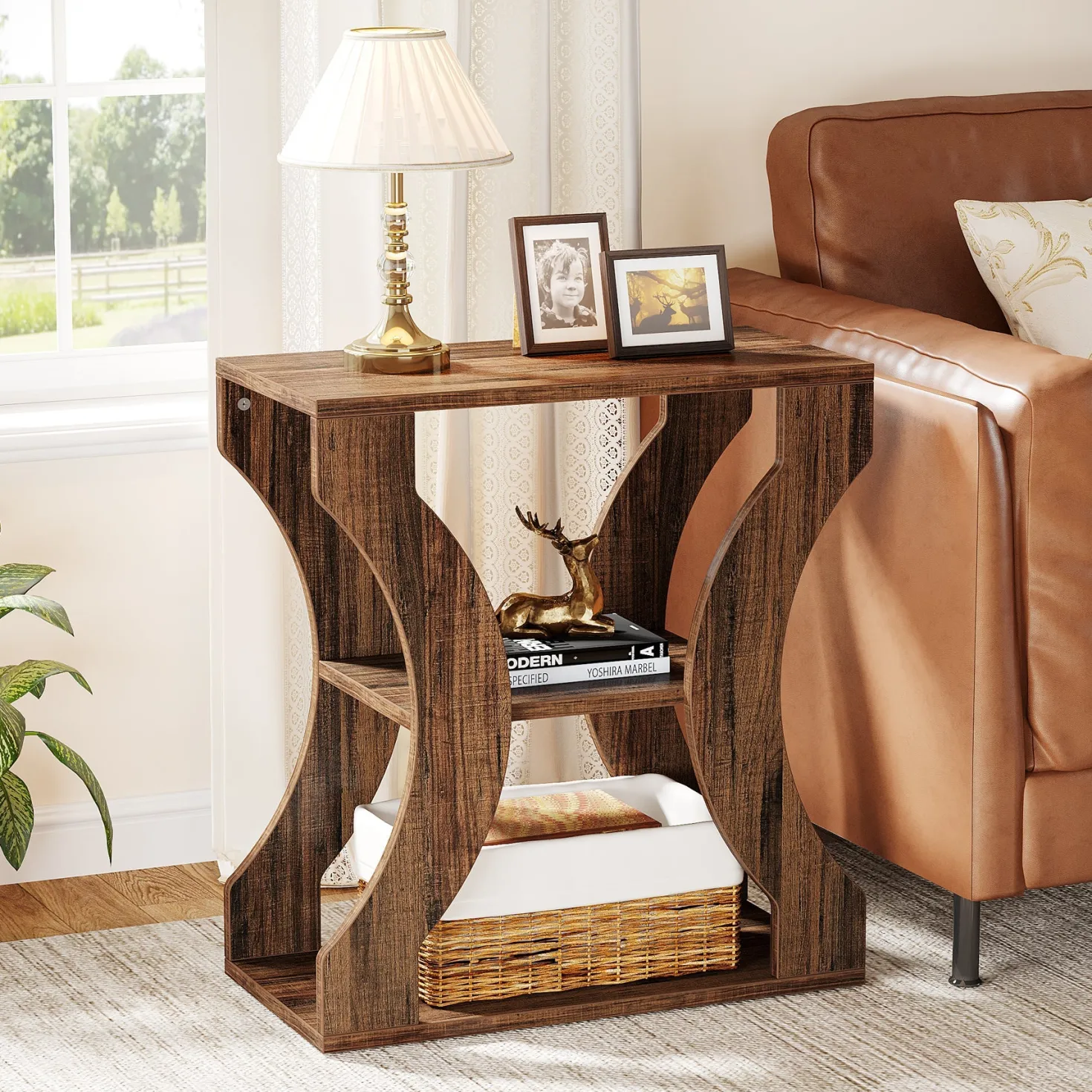 24" End Table, 3-Tier Farmhouse Side Table with Storage Shelves