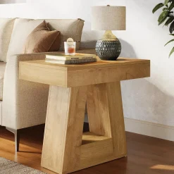 24" End Table, 2-Tier Narrow Side Table with Trapezoid Base