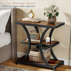 23.6" End Table, 3-Tier Side Table Nightstand with Geometric Design
