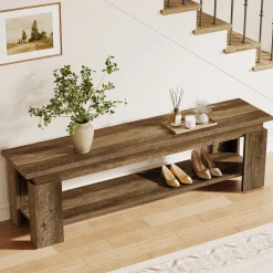 63" Entryway Bench, Farmhouse Shoe Bench End of Bed Bench with Storage Shelf