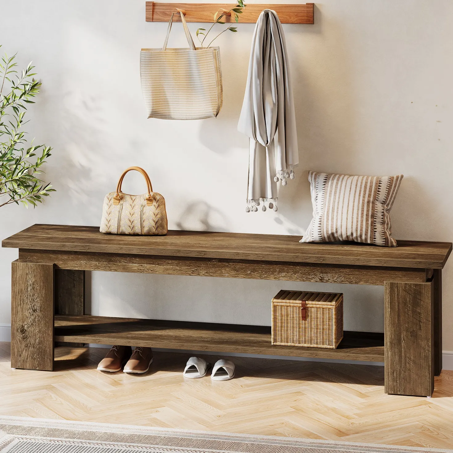 63" Entryway Bench, Farmhouse Shoe Bench End of Bed Bench with Storage Shelf