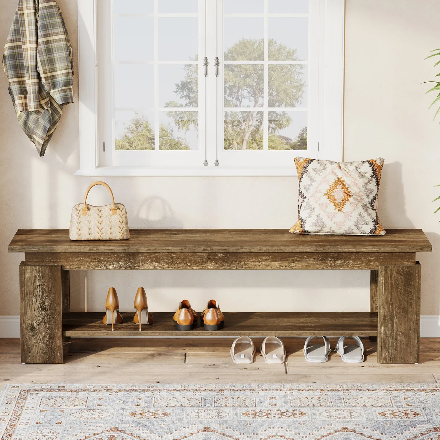 63" Entryway Bench, Farmhouse Shoe Bench End of Bed Bench with Storage Shelf