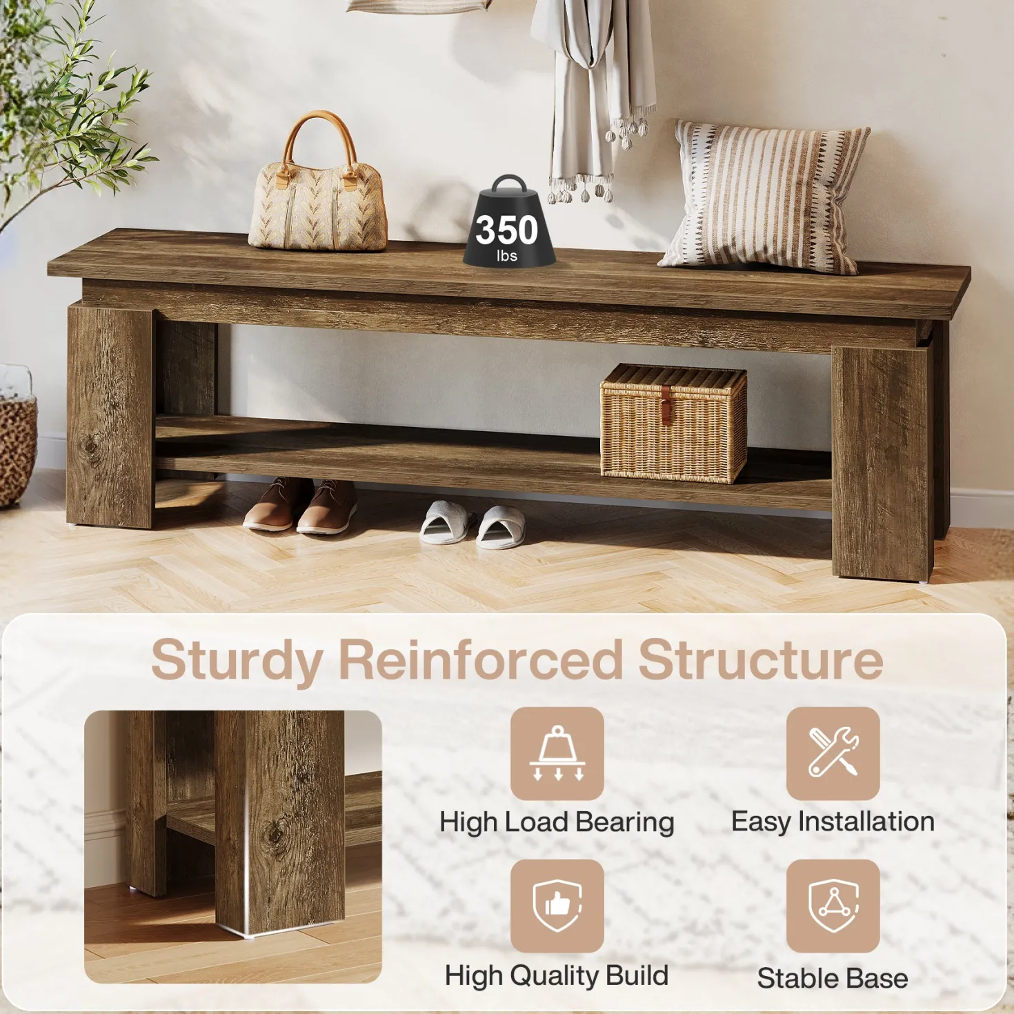 63" Entryway Bench, Farmhouse Shoe Bench End of Bed Bench with Storage Shelf