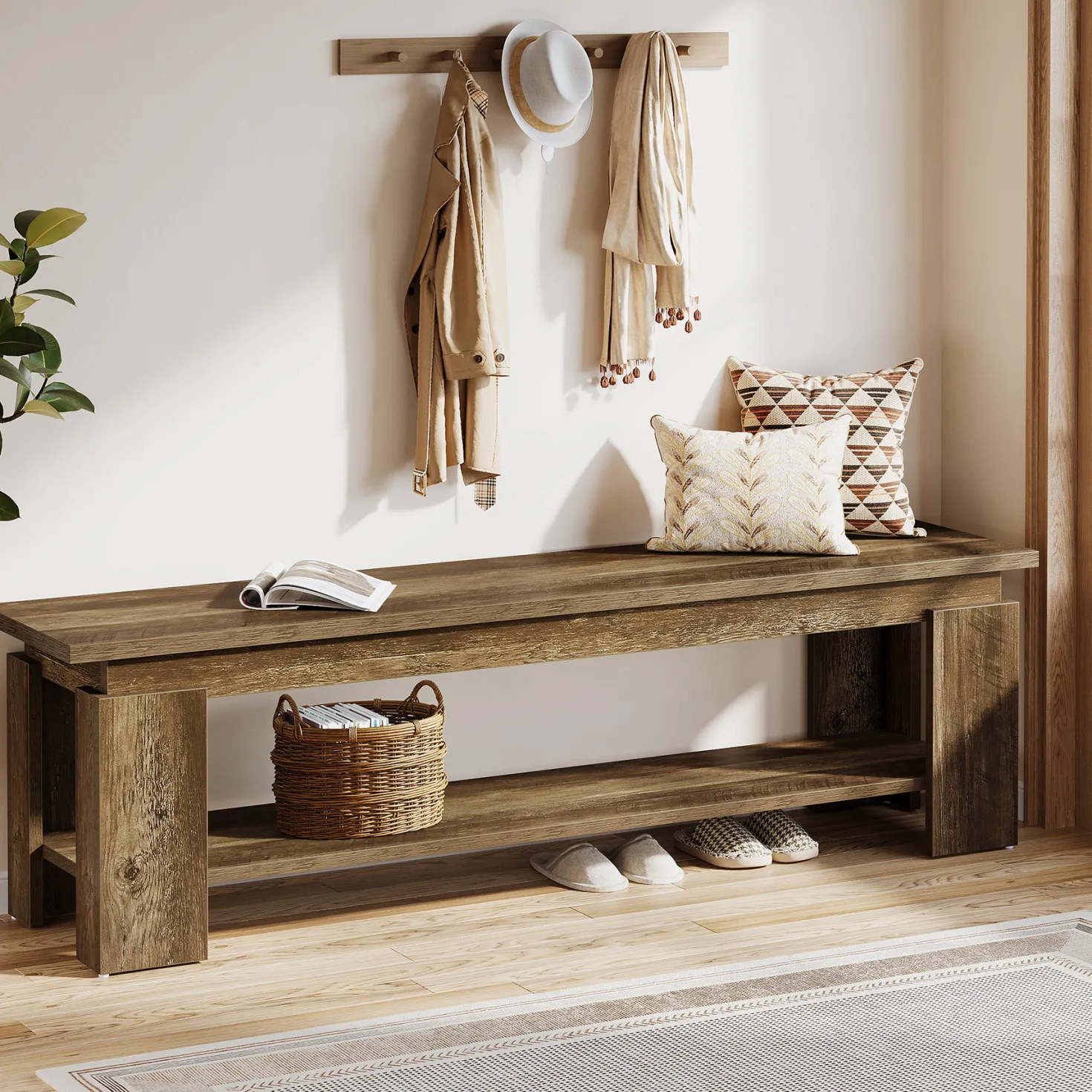 63" Entryway Bench, Farmhouse Shoe Bench End of Bed Bench with Storage Shelf