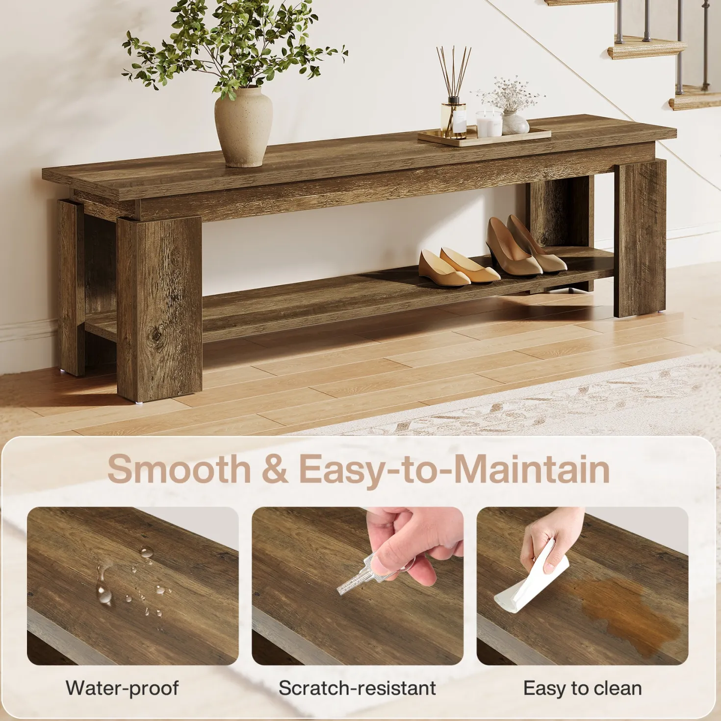 63" Entryway Bench, Farmhouse Shoe Bench End of Bed Bench with Storage Shelf