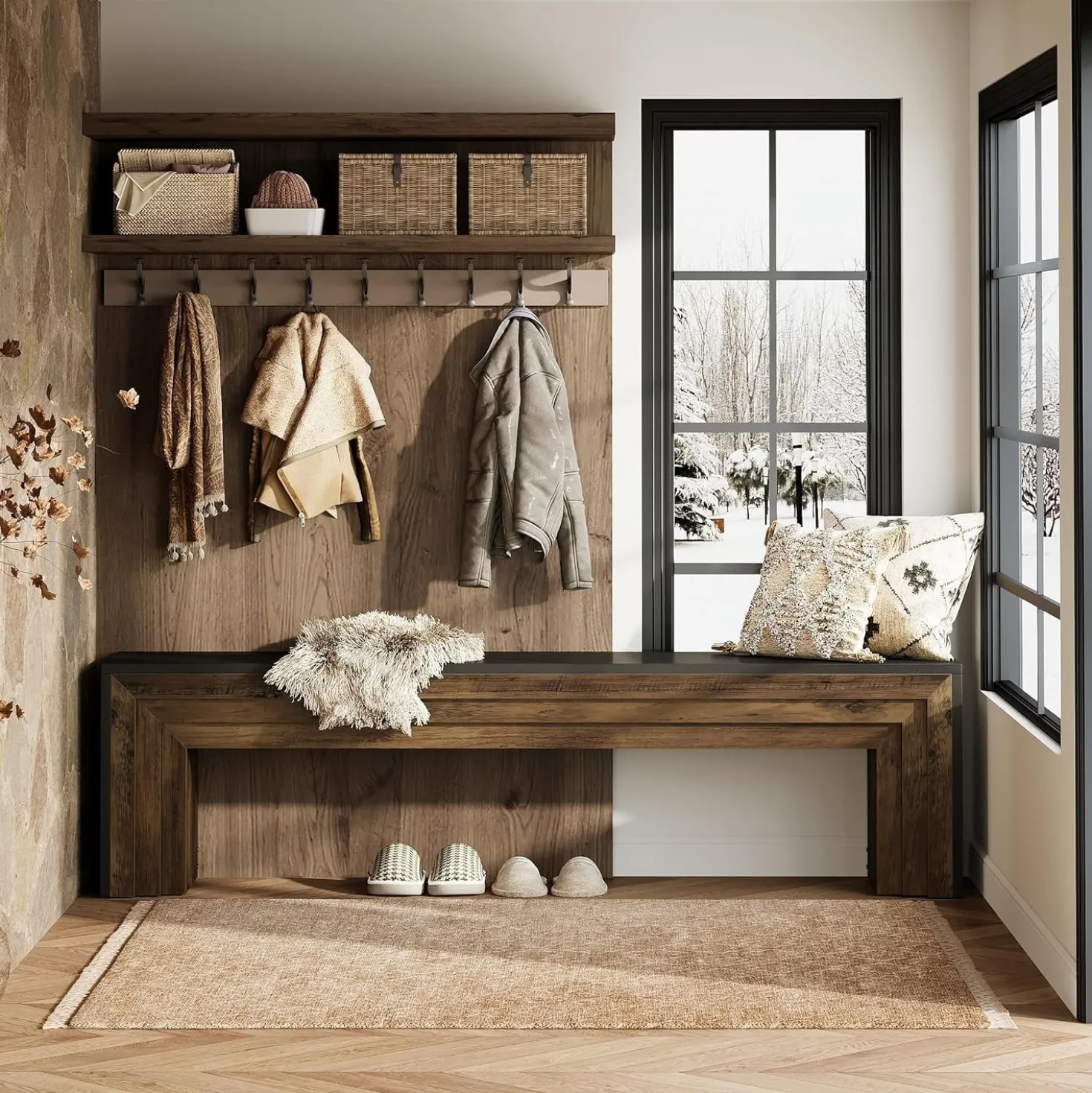 70.9" Entryway Bench, Farmhouse Shoe Bench End of Bed Bench with Layered Design