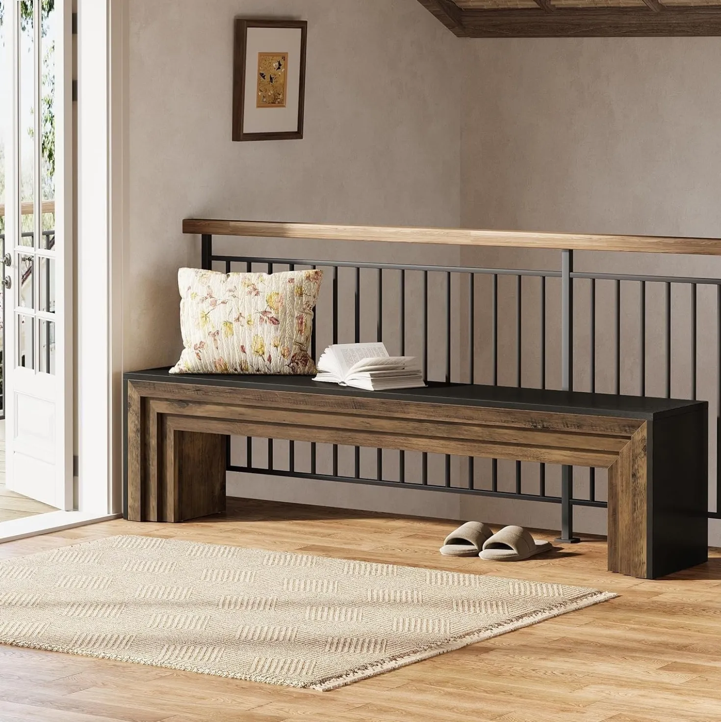 70.9" Entryway Bench, Farmhouse Shoe Bench End of Bed Bench with Layered Design