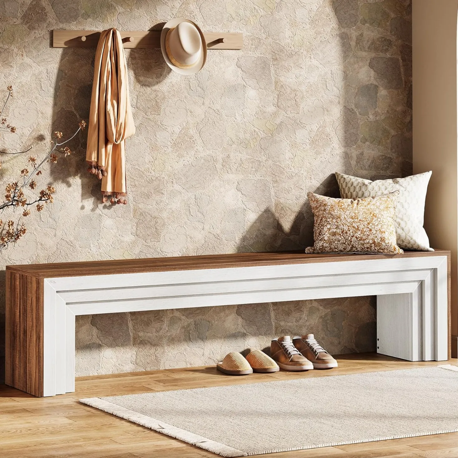 70.9" Entryway Bench, Farmhouse Shoe Bench End of Bed Bench with Layered Design