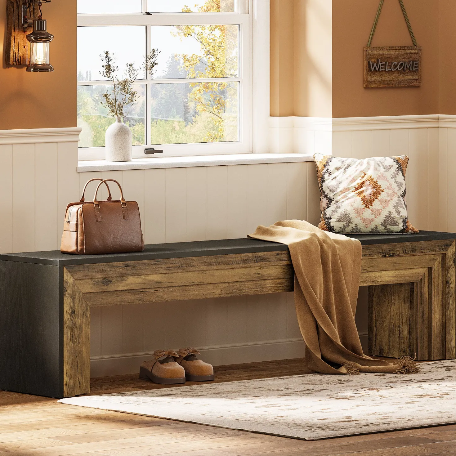 70.9" Entryway Bench, Farmhouse Shoe Bench End of Bed Bench with Layered Design