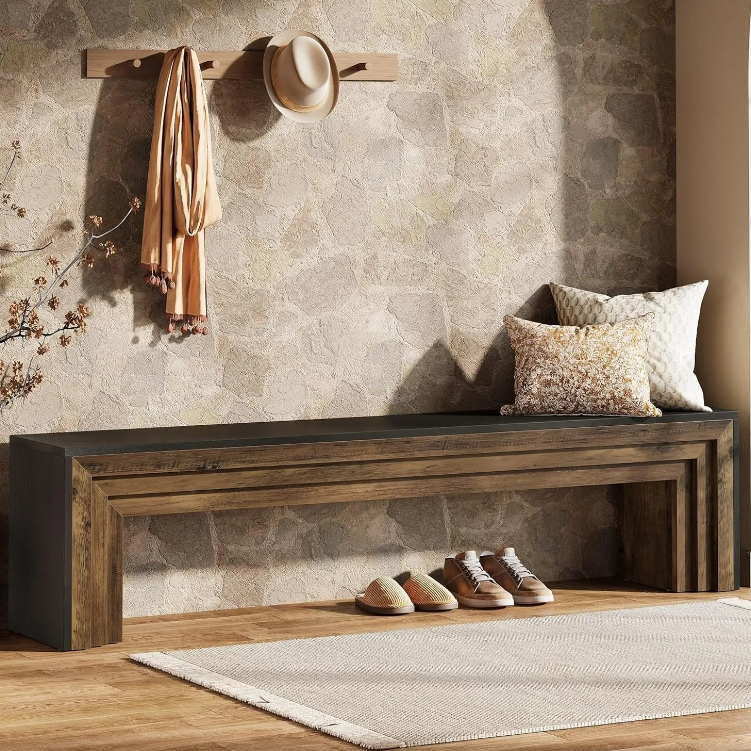 70.9" Entryway Bench, Farmhouse Shoe Bench End of Bed Bench with Layered Design