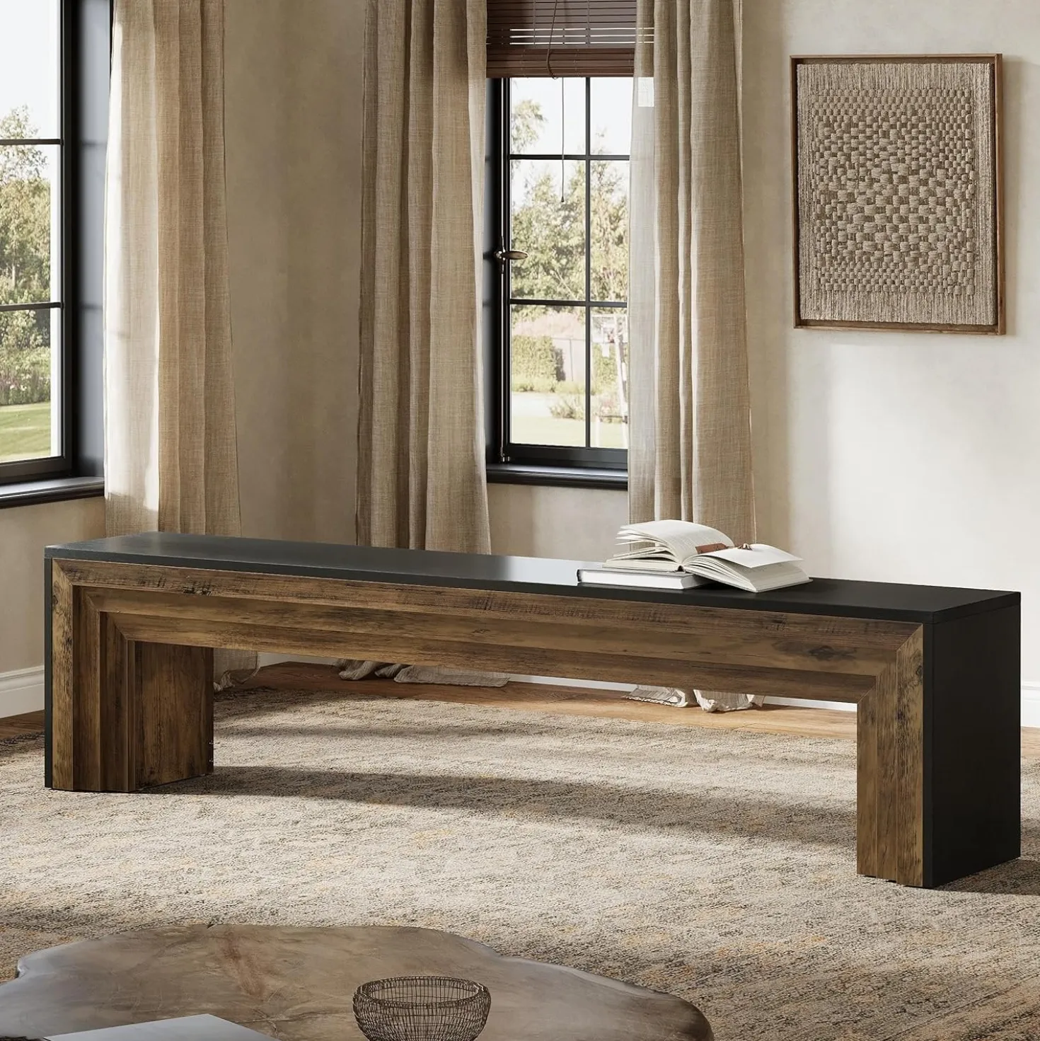 70.9" Entryway Bench, Farmhouse Shoe Bench End of Bed Bench with Layered Design