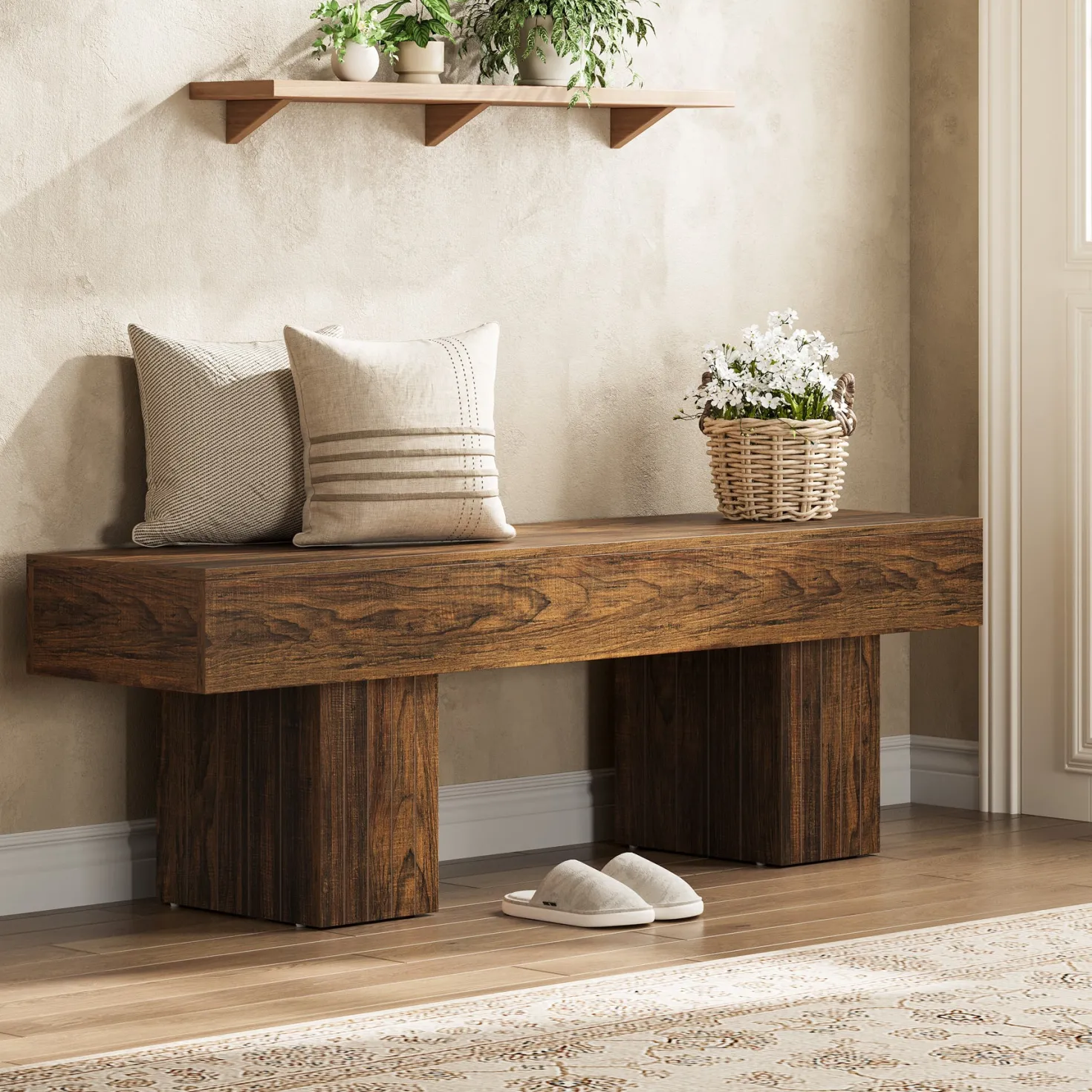55" Entryway Bench, Farmhouse End of Bed Bench Long Dining Bench