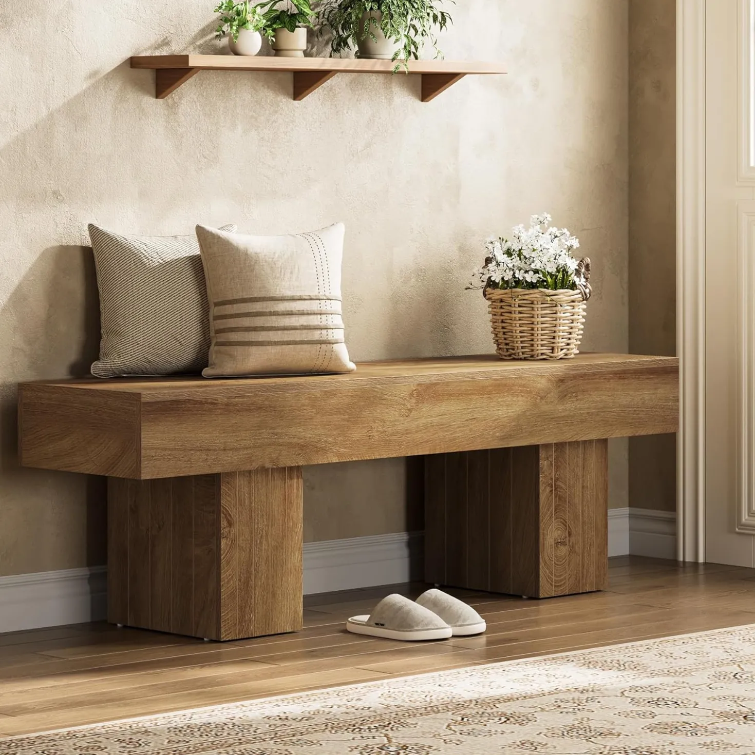 55" Entryway Bench, Farmhouse End of Bed Bench Long Dining Bench