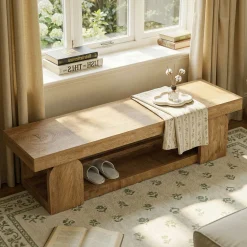 63" Entryway Bench, Farmhouse Shoe Bench with Storage Shelf for Bedroom, Hallway
