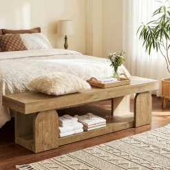 63" Entryway Bench, Farmhouse Shoe Bench with Storage Shelf for Bedroom, Hallway