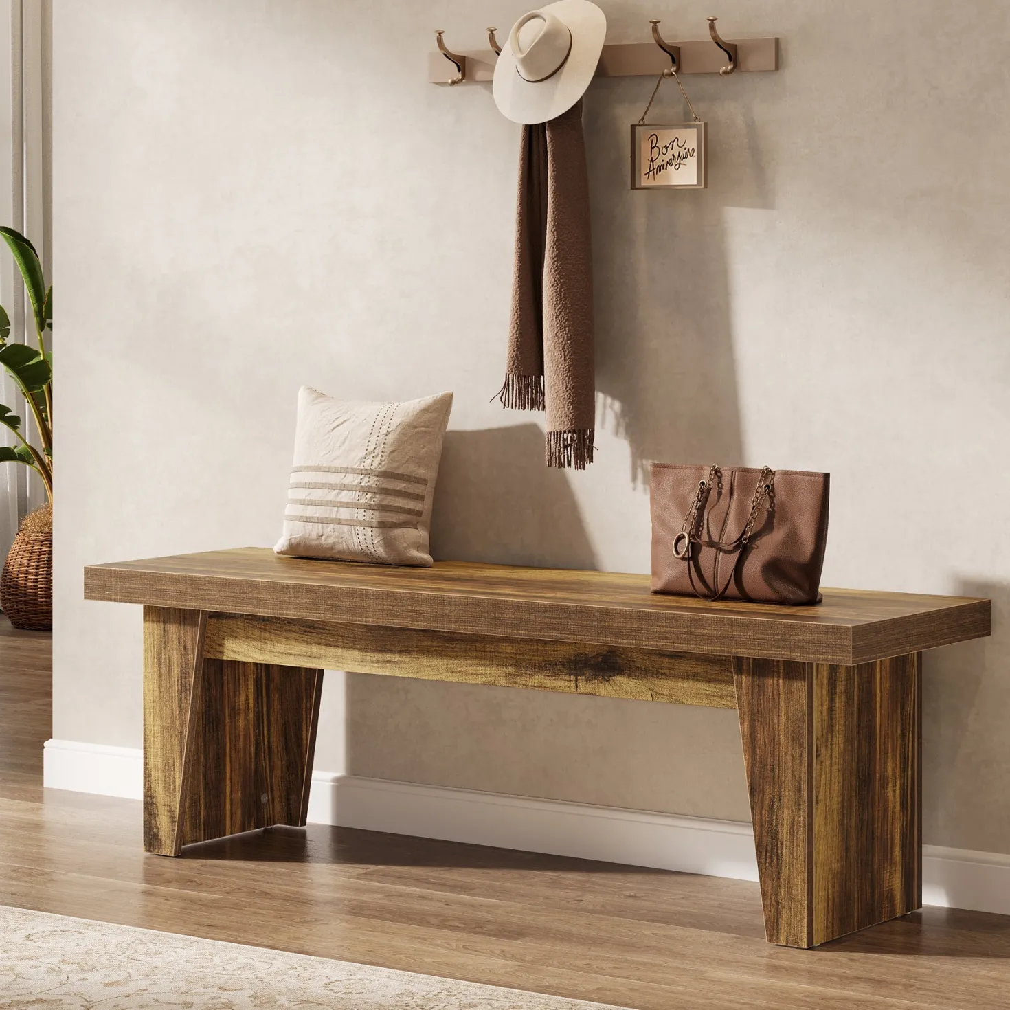 55" Entryway Bench, Farmhouse Shoe Bench Indoor End of Bed Stool