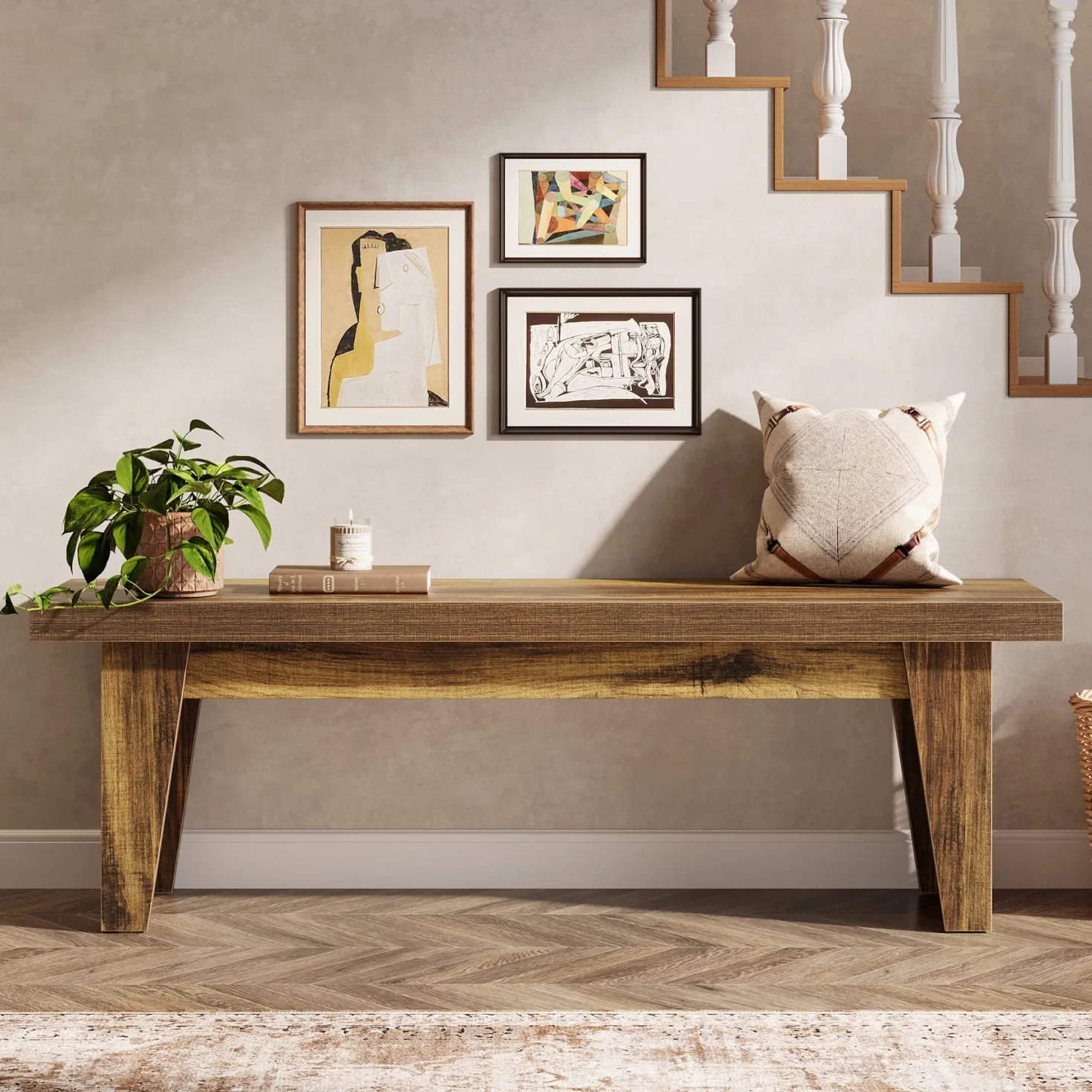 55" Entryway Bench, Farmhouse Shoe Bench Indoor End of Bed Stool