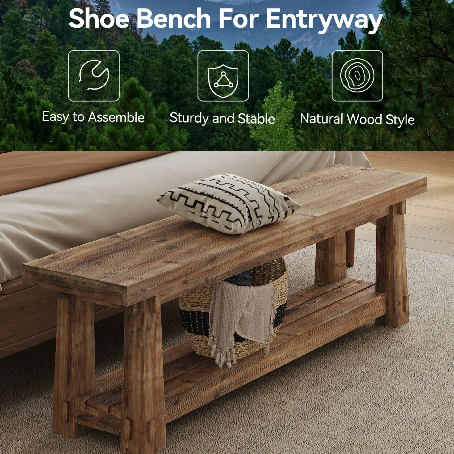 55" Entryway Bench, Foyer Bench with Shoe Storage for Hallway