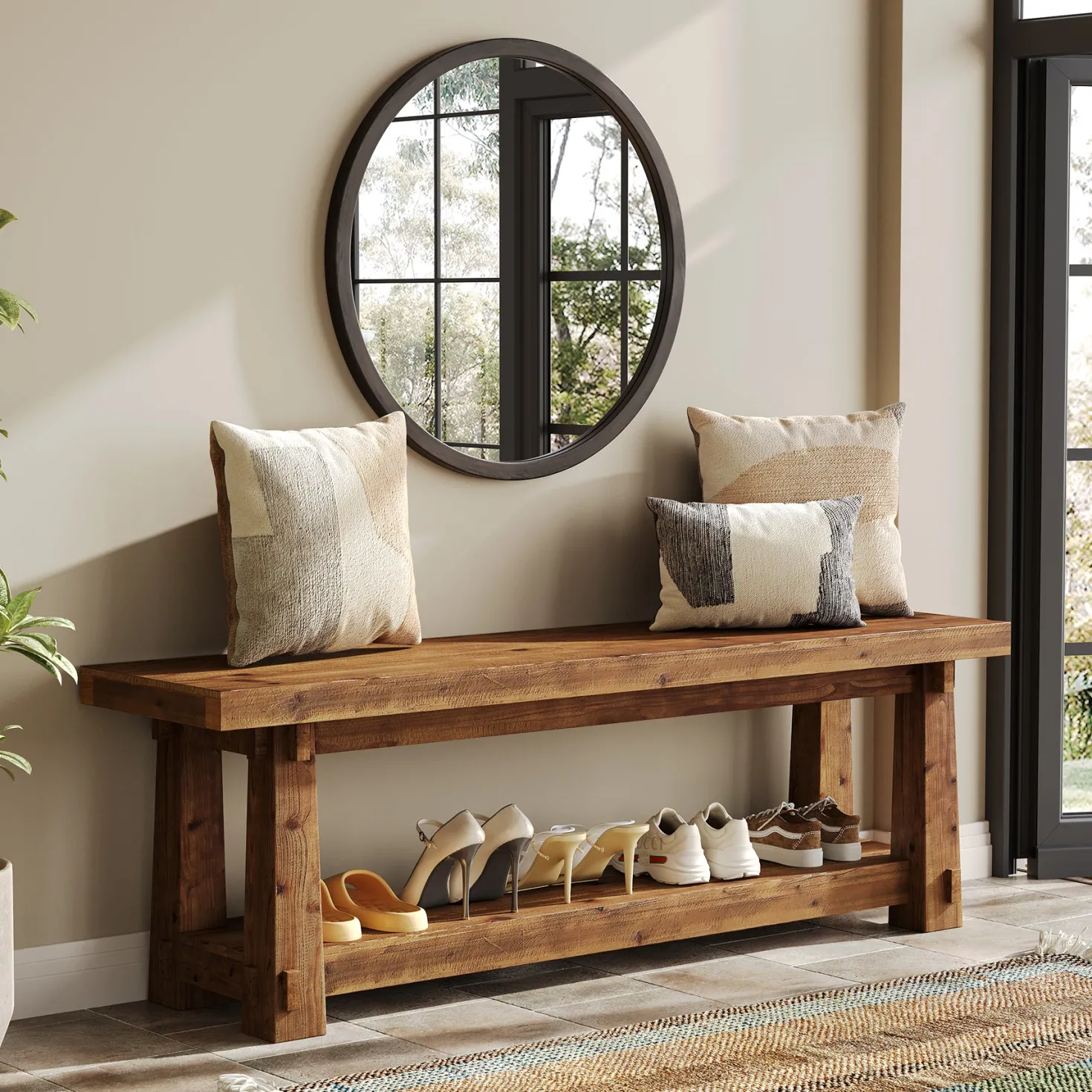 55" Entryway Bench, Foyer Bench with Shoe Storage for Hallway
