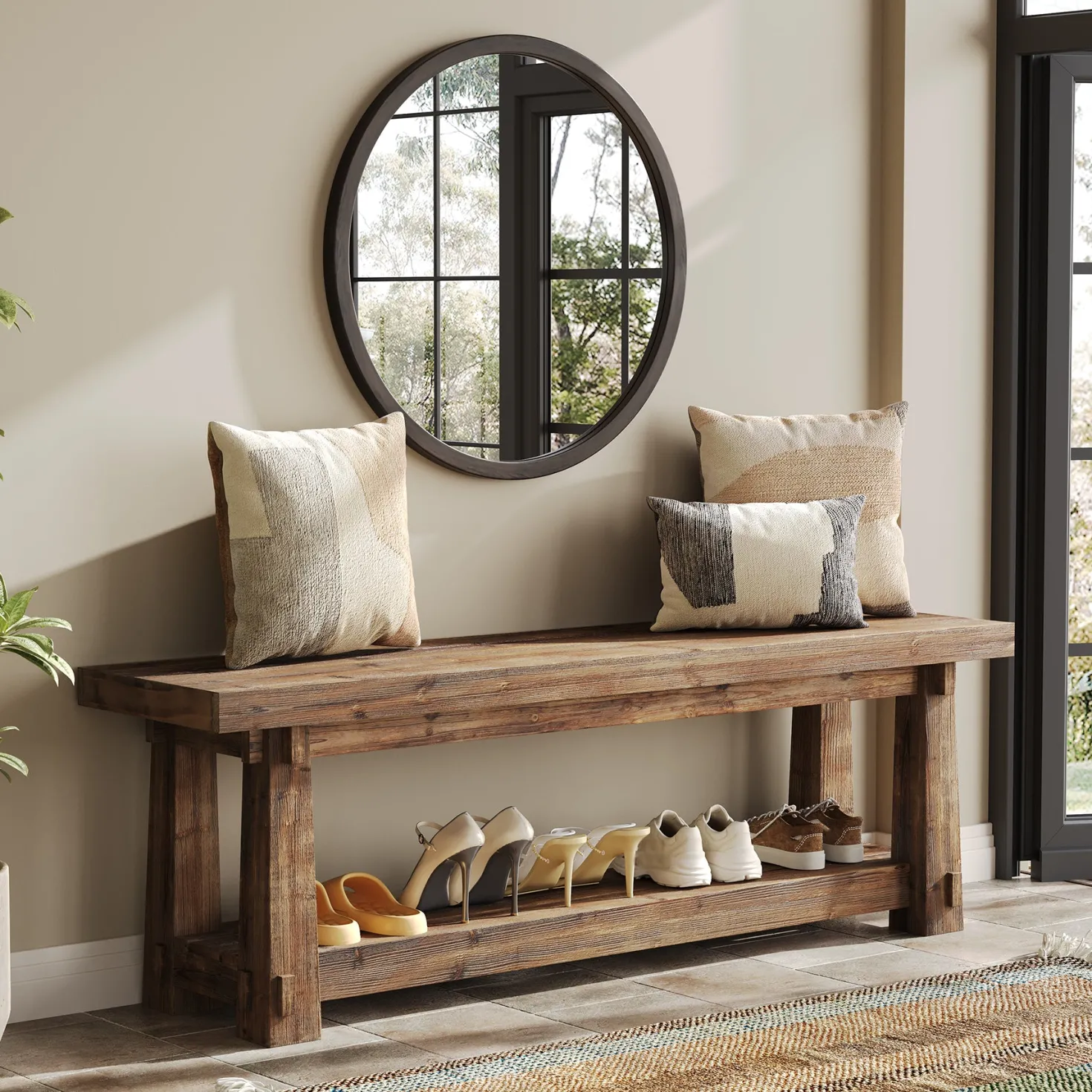 55" Entryway Bench, Foyer Bench with Shoe Storage for Hallway
