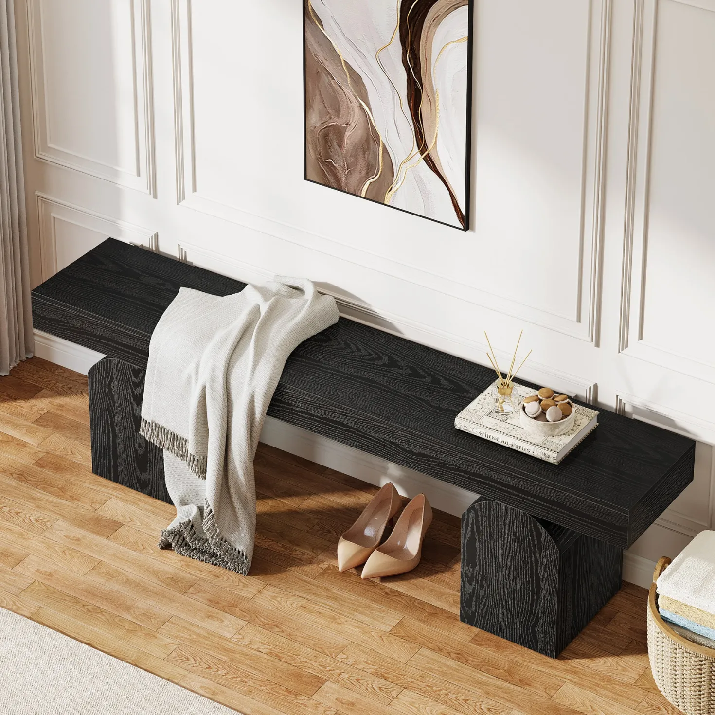 59" Entryway Bench, Long Shoe Bench with Arched Bases