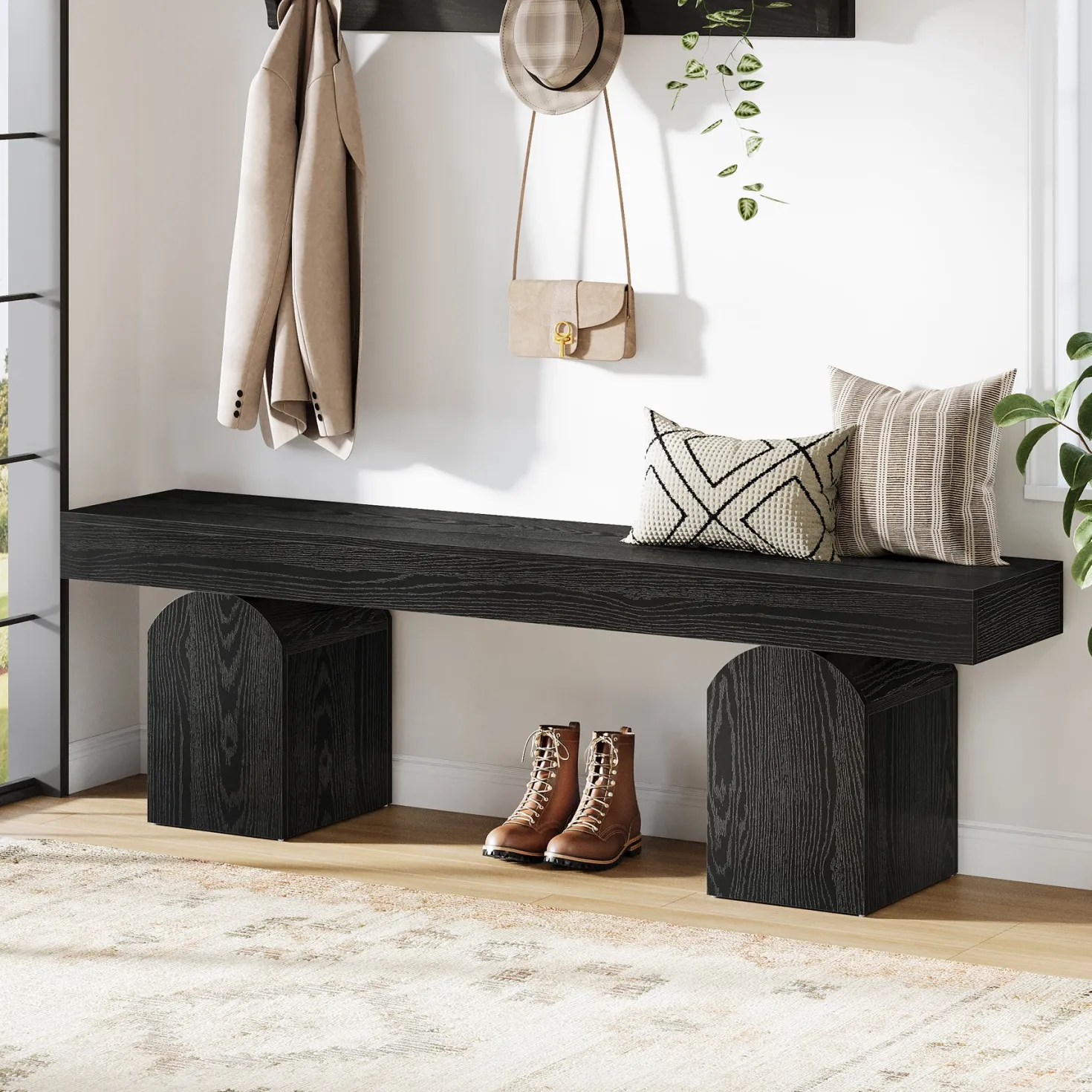 59" Entryway Bench, Long Shoe Bench with Arched Bases
